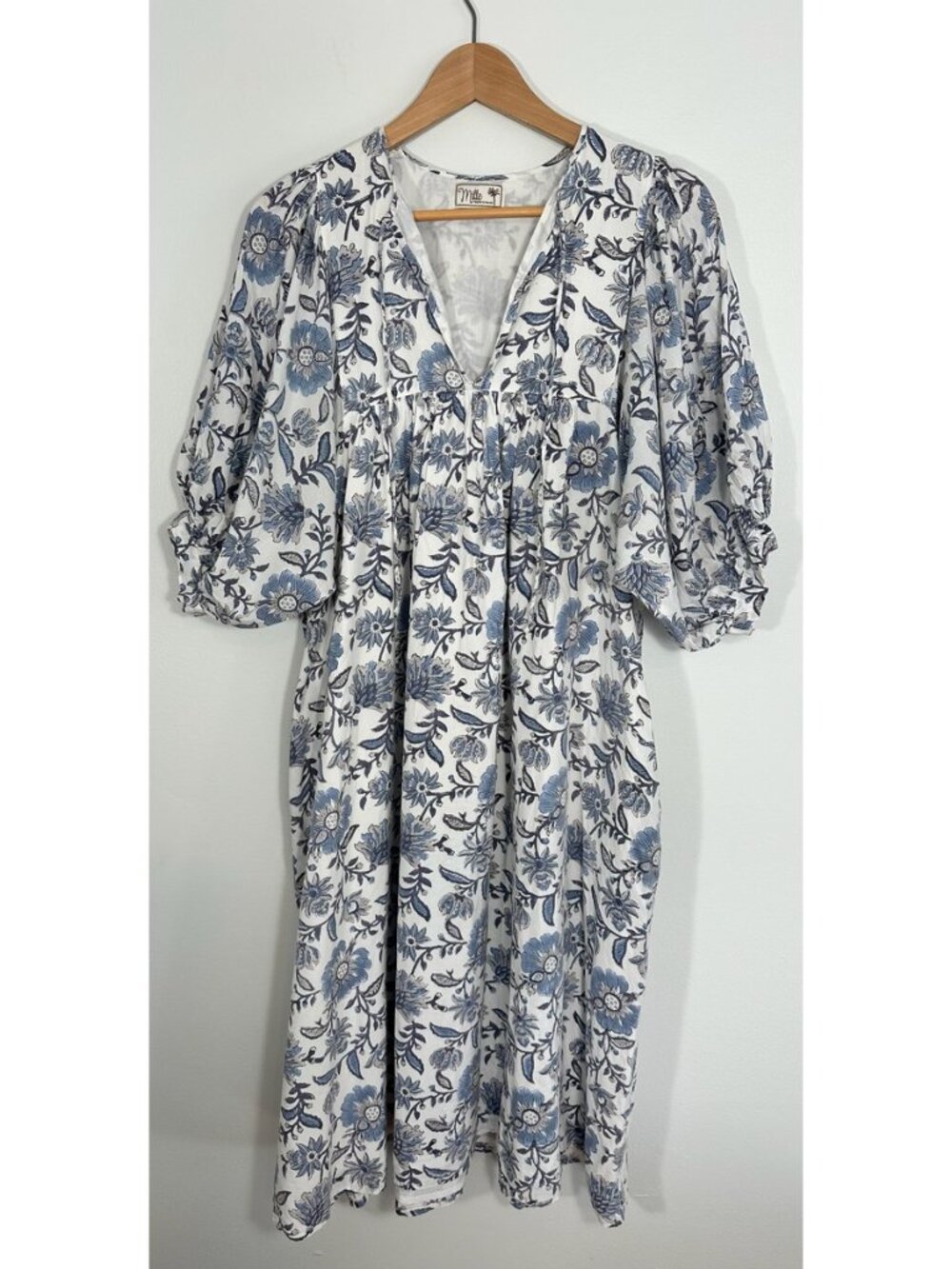 Mille Blue White Block Print Floral Dress Sz M